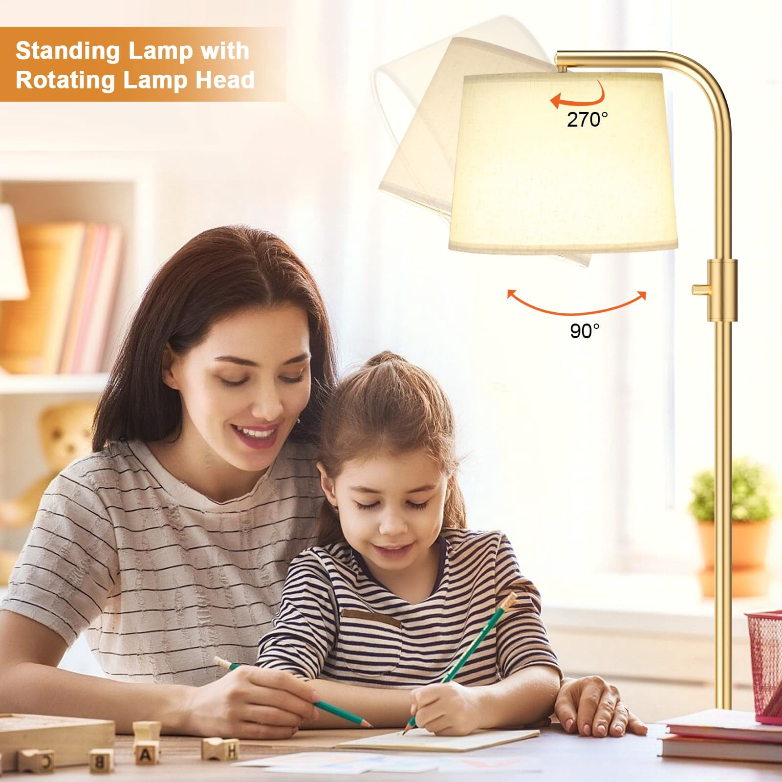 𝐅𝐮𝐥𝐥𝐲 𝐃𝐢𝐦𝐦𝐚𝐛𝐥𝐞 Floor Lamp - Lamps With 9w 𝐋𝐄𝐃 Bulb  Standing For Living Room Adjust Head Modern Tall Light Rotary Office(gold And Beige)