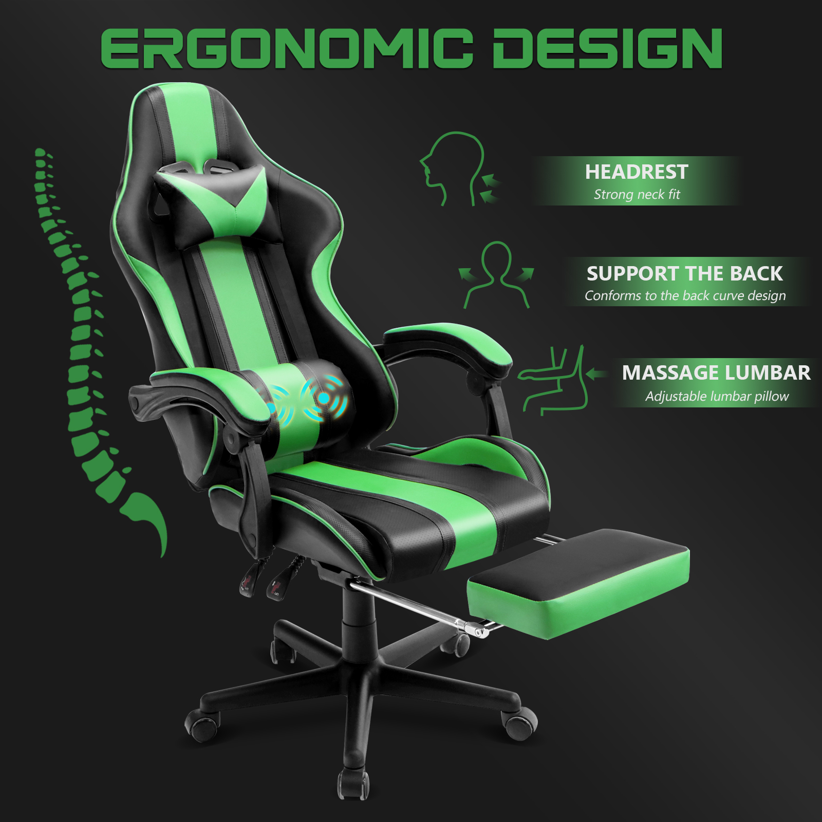 SOONTRANS Green Gaming Chair with Massage Lumbar Pillow photo 6