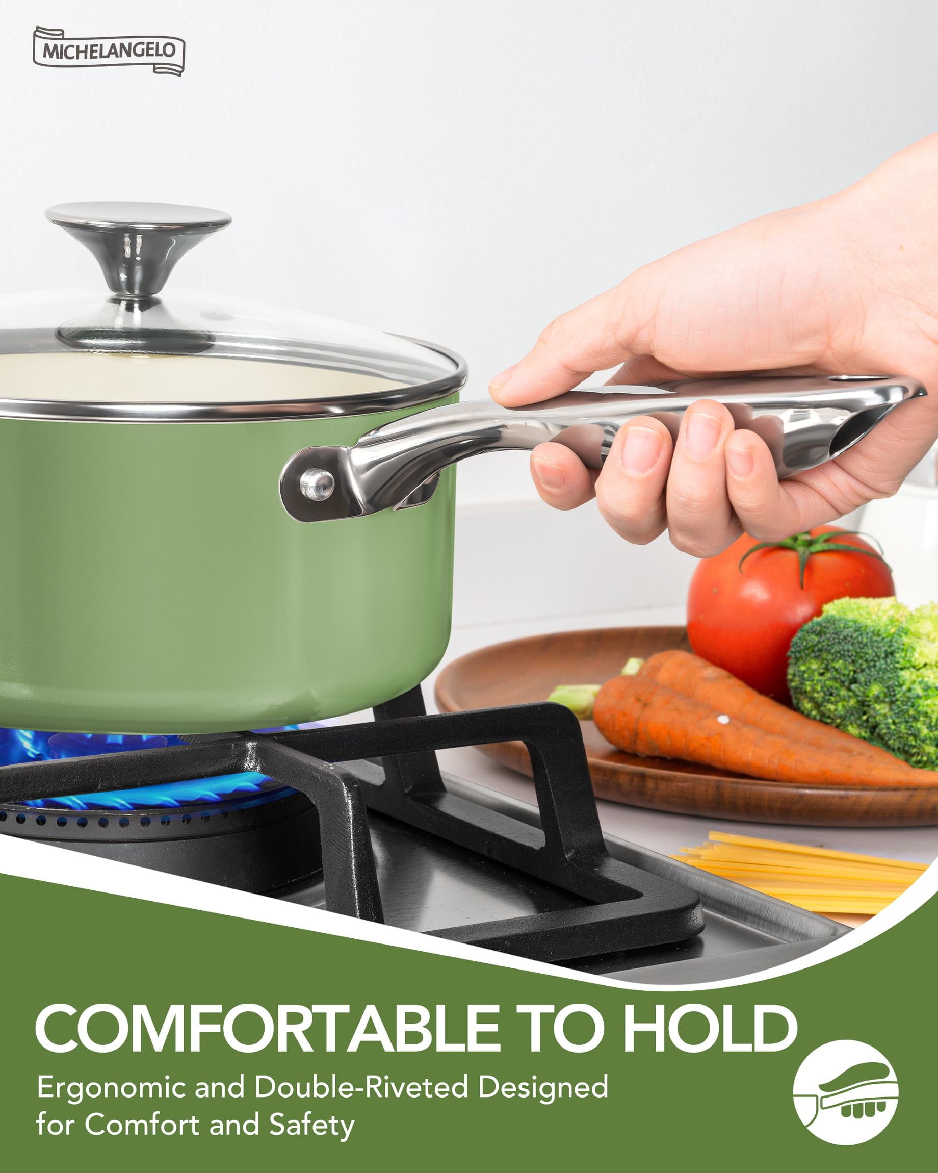 MICHELANGELO Pots and Pans Set Non Stick - Ceramic Cookware Set, 8-Pcs Nonstick Pots and Pans with Ergonomic Handle, Dishwasher Safe & Induction Compatible, Green