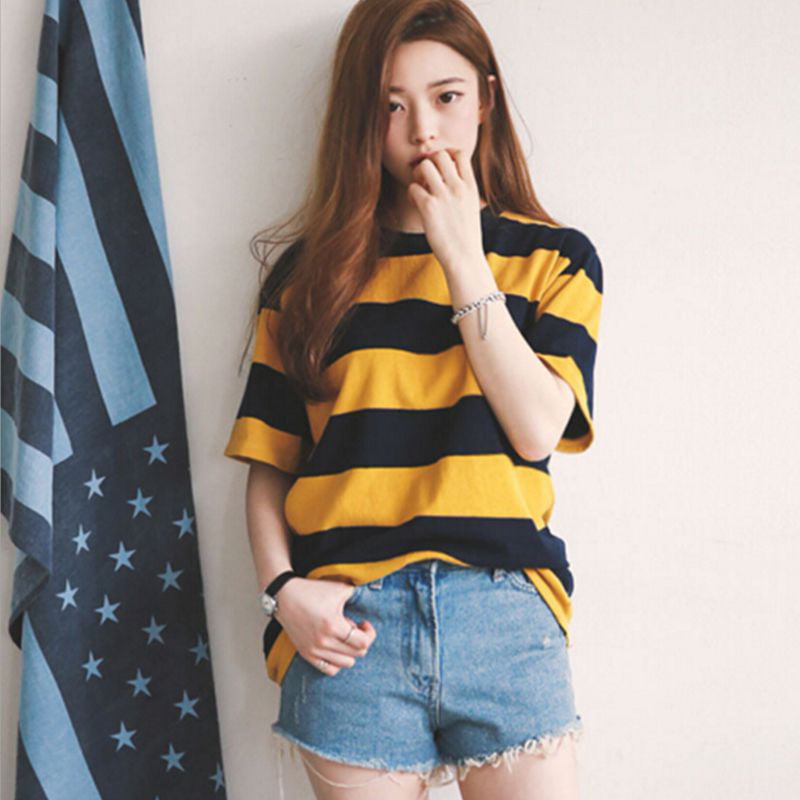 Women Yellow and Black Striped T-shirts Round Neck Collar Loosen Half  Sleeve Female T-Shirt Casual Ladies Tops and Clothing 