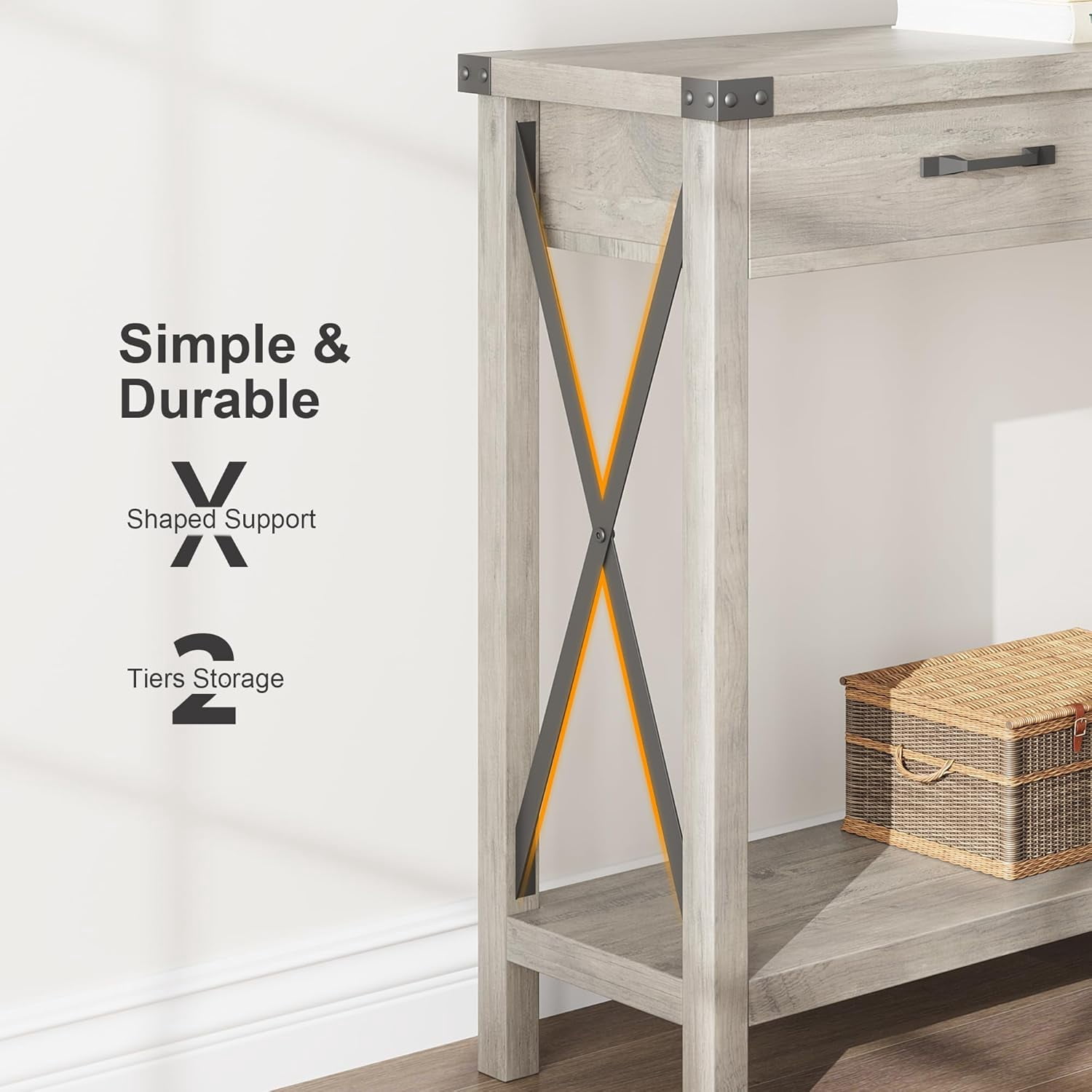 43" Farmhouse Entryway Table, Rustic 2-Tier Wood Console Table with Shelf, Sofa Table for Living Room, Hallway, or Foyer, Grey