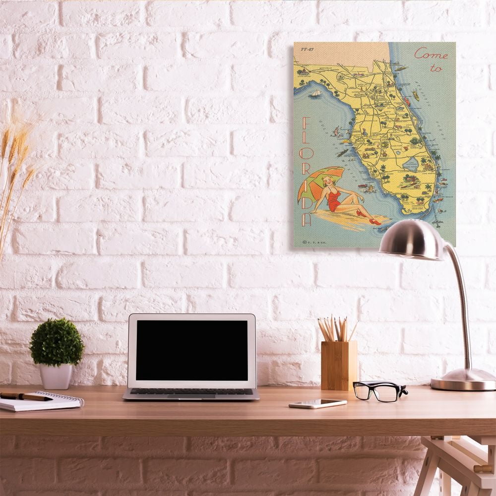 Stupell Industries Antique Florida Map Retro Beach Girl Postcard Print Canvas Wall Art Design by Wild Apple Portfolio, 30" x 40"