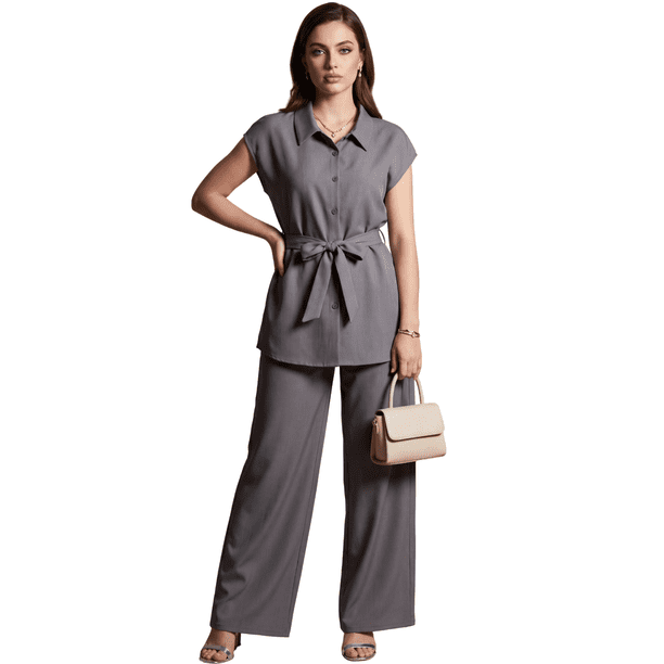 Conjunto 2 Piezas, Blusa Estilizada con Cinturón y Pantalón Fluido, Outfit Moderno y Sofisticado para Mujer