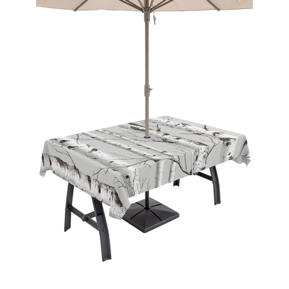 52x70 Inch Outdoor Tablecloth with Umbrella Hole Zipper Rectangle White Branch Rectangular Tablecloths Waterproof Natural Tree Forest Country Mottled Trunk Plants Patio Table Cloth Cover for Picnic
