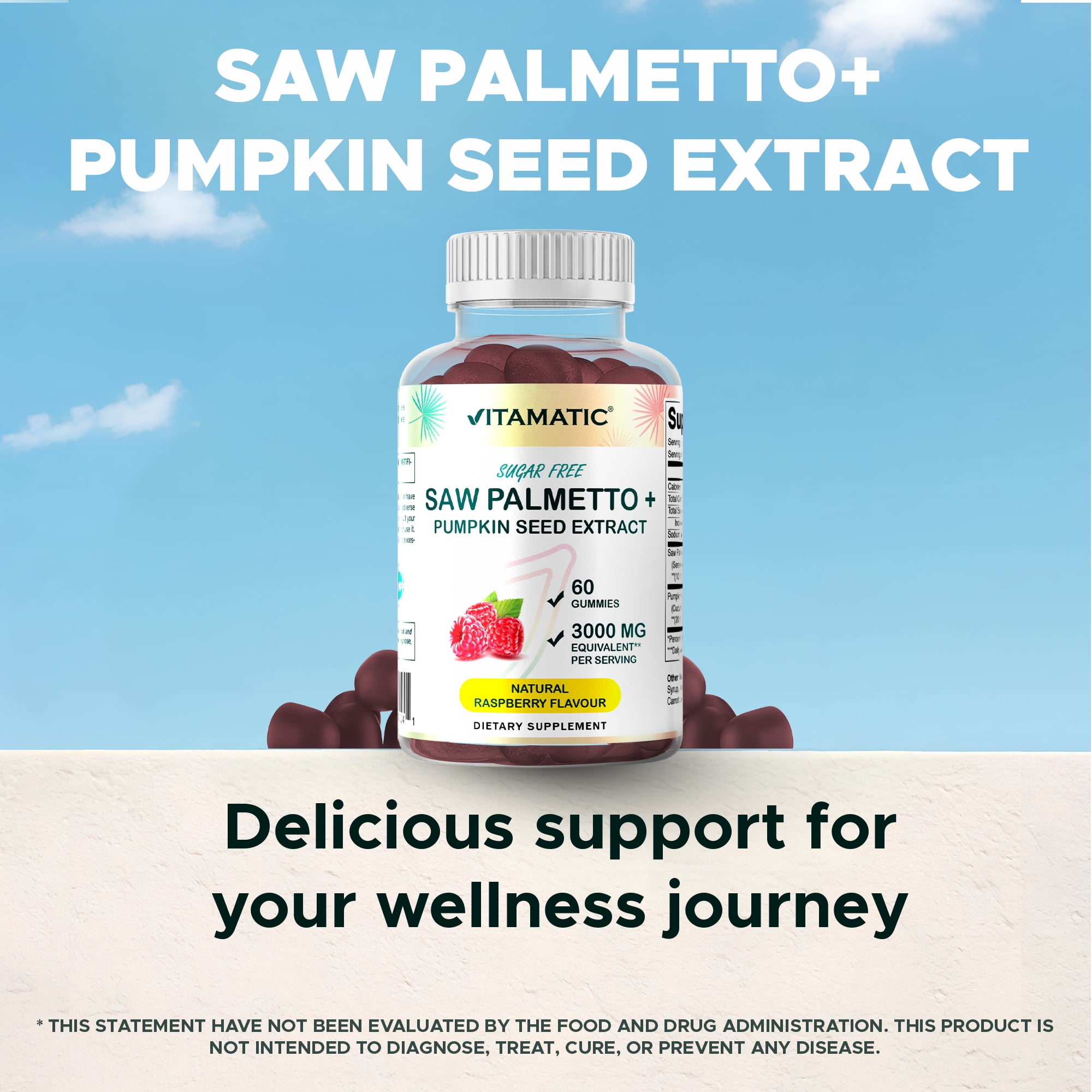 (2 pack) Vitamatic Sugar Free Saw Palmetto with Pumpkin Seed - 3000 mg Equivalent per Serving - Natural Raspberry Flavor - 60 Count