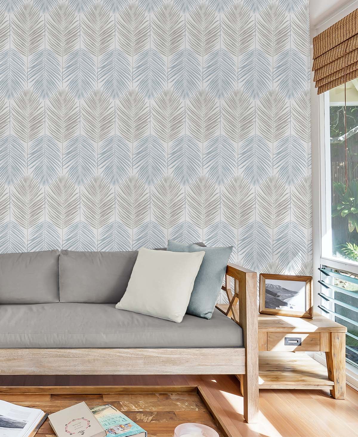 NextWall  Two Toned Palm Peel and Stick Wallpaper 20.5 in. W x 18 ft. L - Blue Mist & Daydream Grey