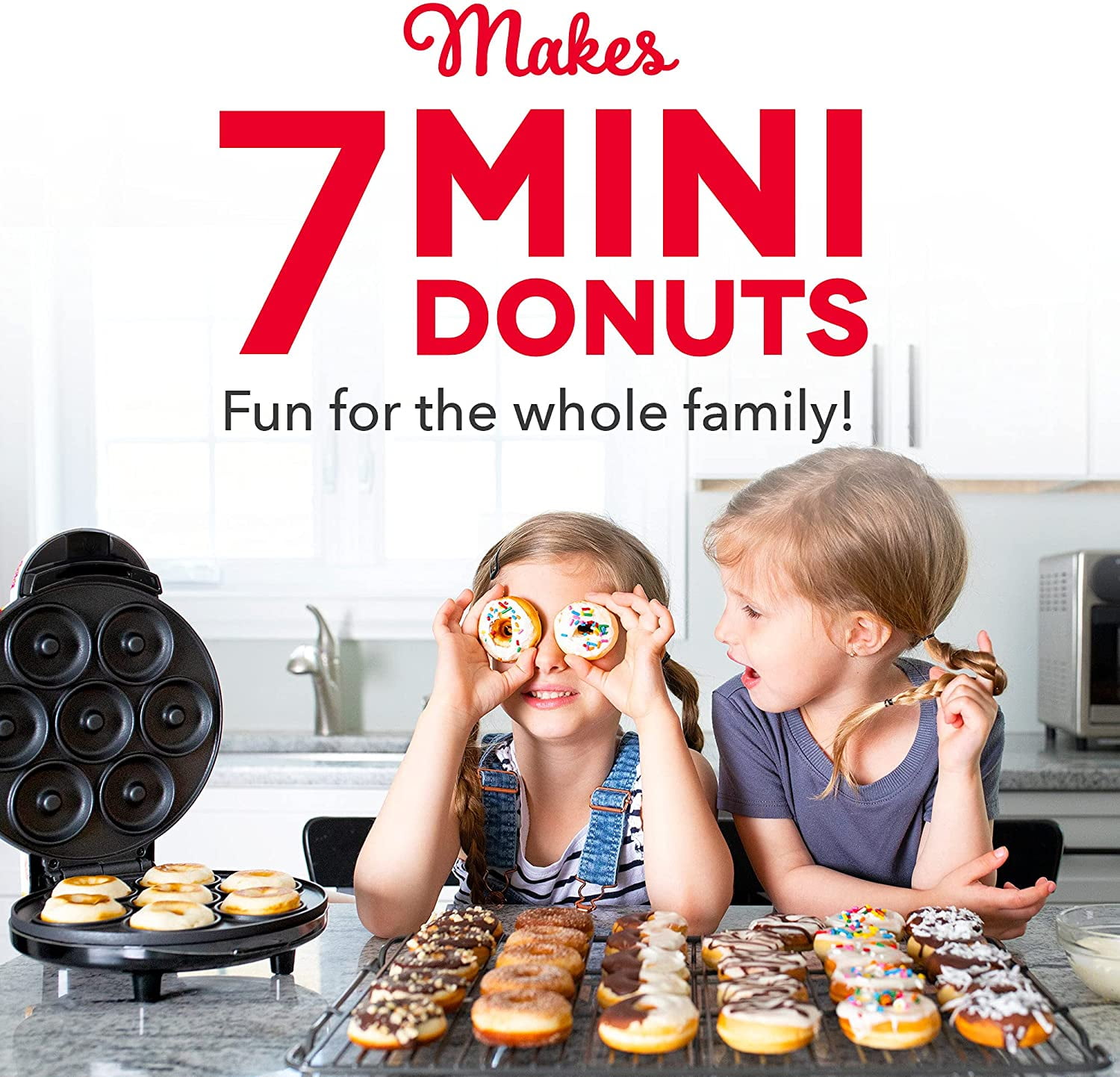 Mini Donut Maker- Electric Non-Stick Surface Makes 7 Small Doughnuts,  Decorate, Frost or Ice Your Own for Kid Friendly Treat- Unique Baking  Activity