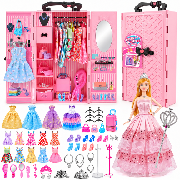 UQN Girls Doll Closet with Clothes & Accessories, Fashion Doll and Doll Wardrobe Playset, Dress Up Toys for Kids Girls Ages 3 , Christmas Birthday Gift