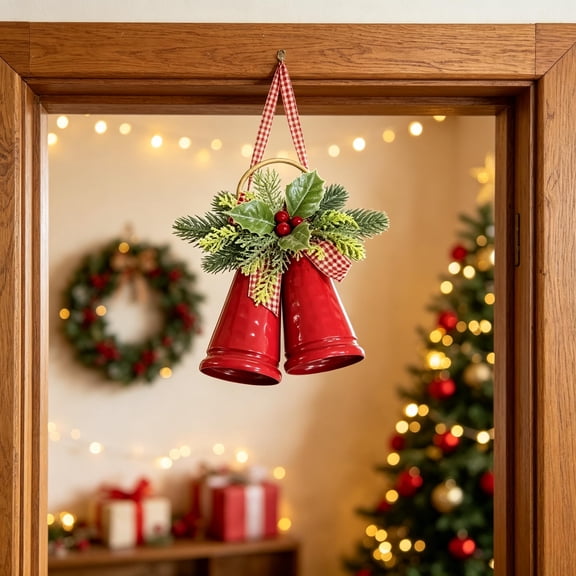 Red Metal Christmas Bell Ornaments, Rustic Hanging Holiday Decor with Pine, Berries and Pine Cone Accents