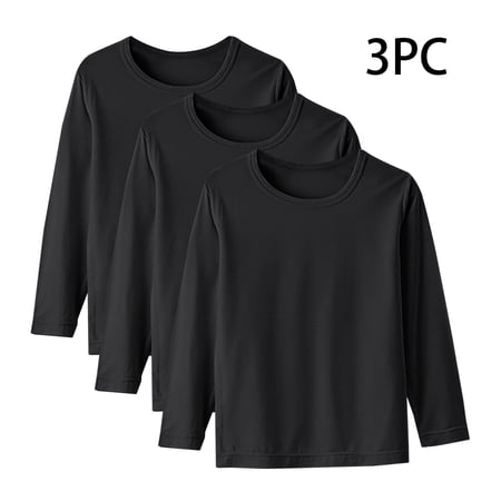 HomeDM 3 Pack Unisex Kids Long Sleeve Shirts Soft Cotton Crewneck Tees Basic Solid Color Layering T-Shirt Tops Girls/Boys/Toddler Fall Undershirt Black/14-15 Years
