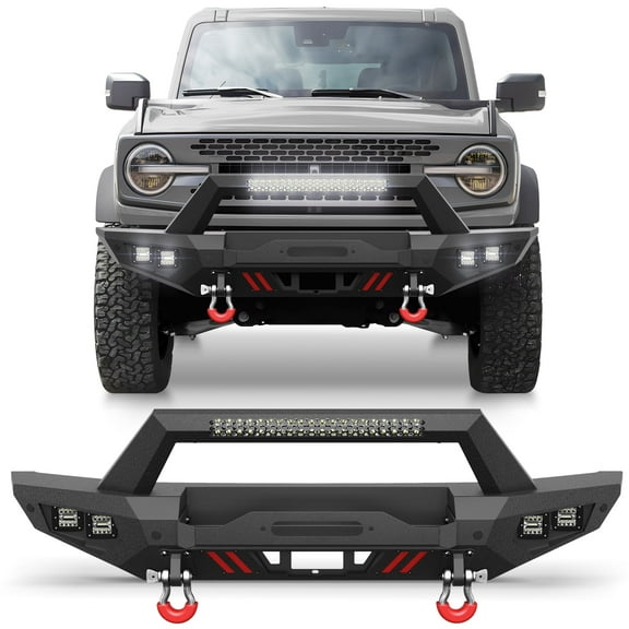 POFENZE Front Bumper for 2021-2025 Ford Bronco Pickup Truck Steel Bumper with Winch Plate Lights and D-rings