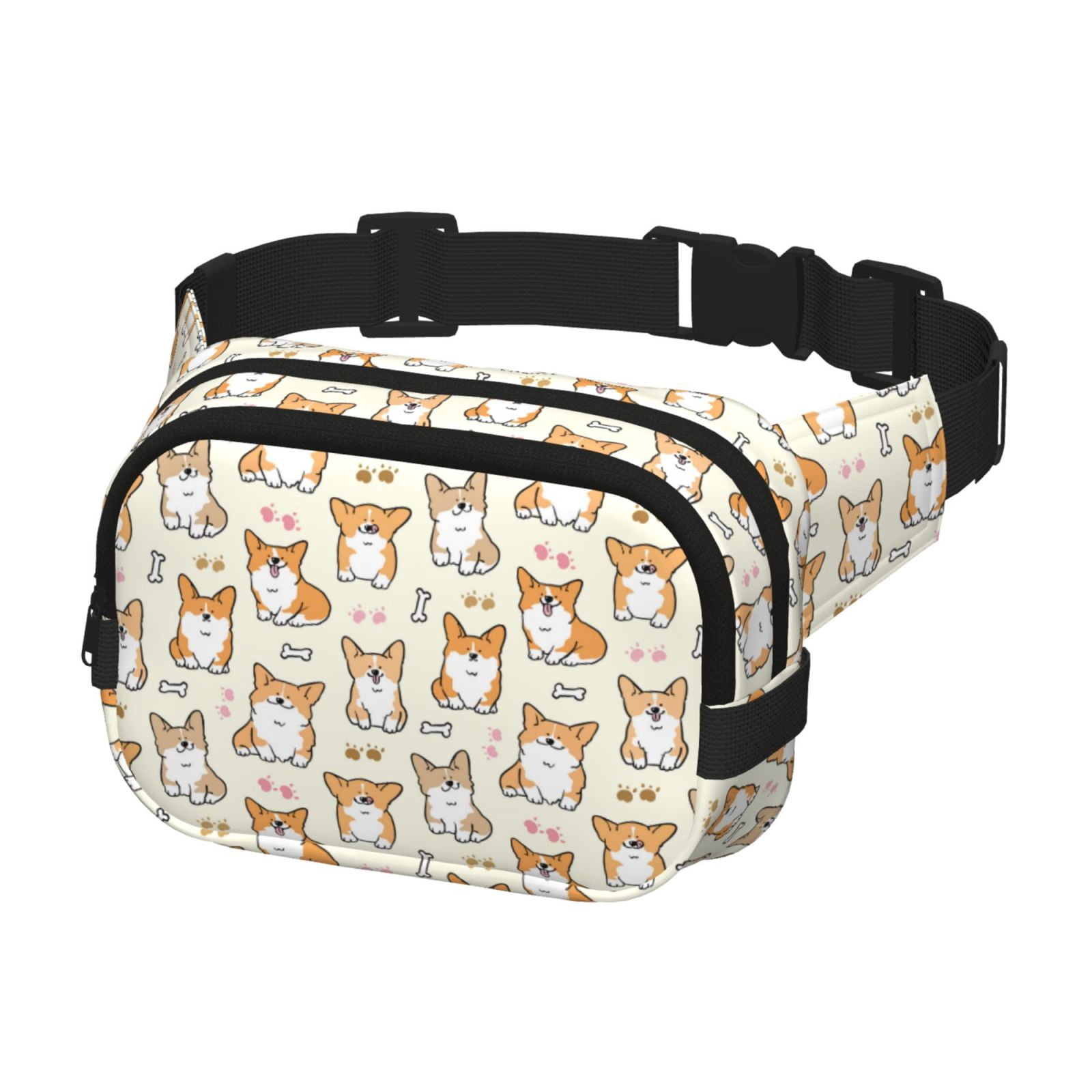 Picia Cartoon Corgi Print Square Double-Layer Waist Bag Mini Adjustable Waist Belt Bag Exercise Running Travel Hiking