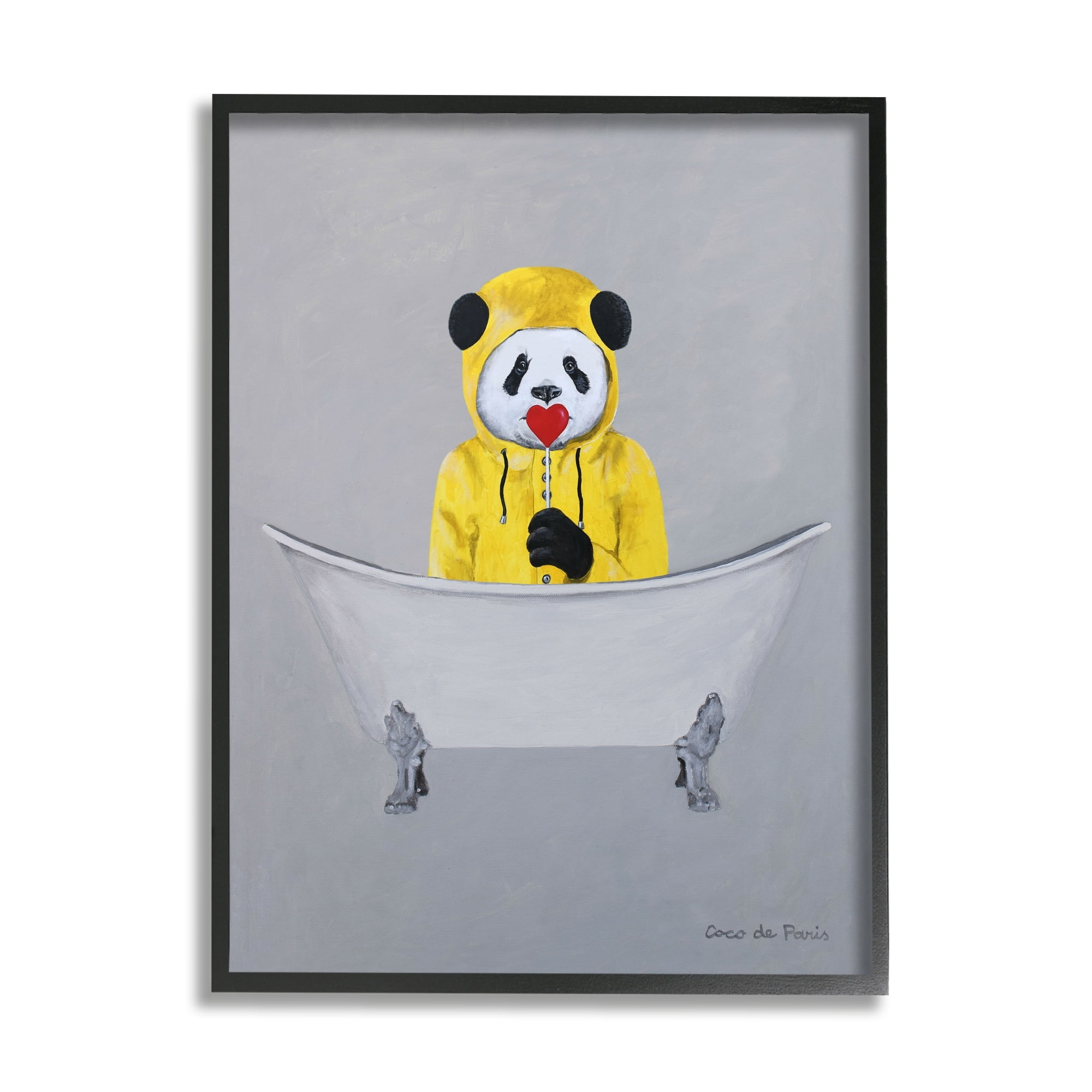Stupell Industries Panda Yellow Raincoat Red Heart Claw Foot Tub Paintings White Framed Art Print Wall Art, 24x30, by Coco de Paris