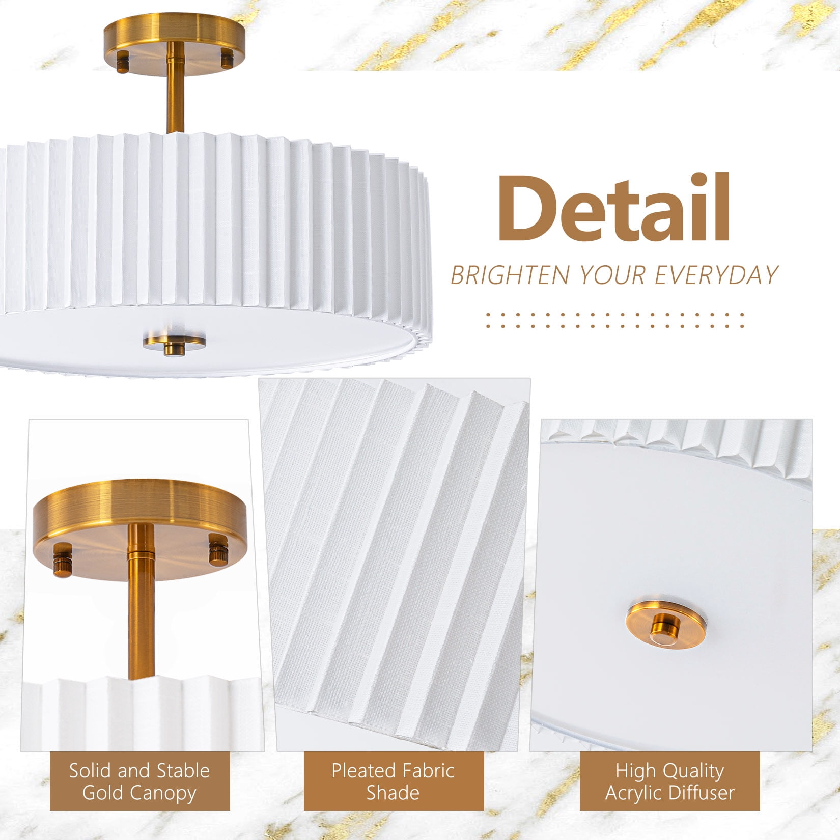 BESTOMINE 16.5 Inch Semi Flush Mount Ceiling Light Fixture,Gold Finish with Pleated Fabric Shade,3-Light Flush Mount Ceiling Light,Modern Light Fixtures Ceiling Mount for Bedroom,Hallway,Nursery Room