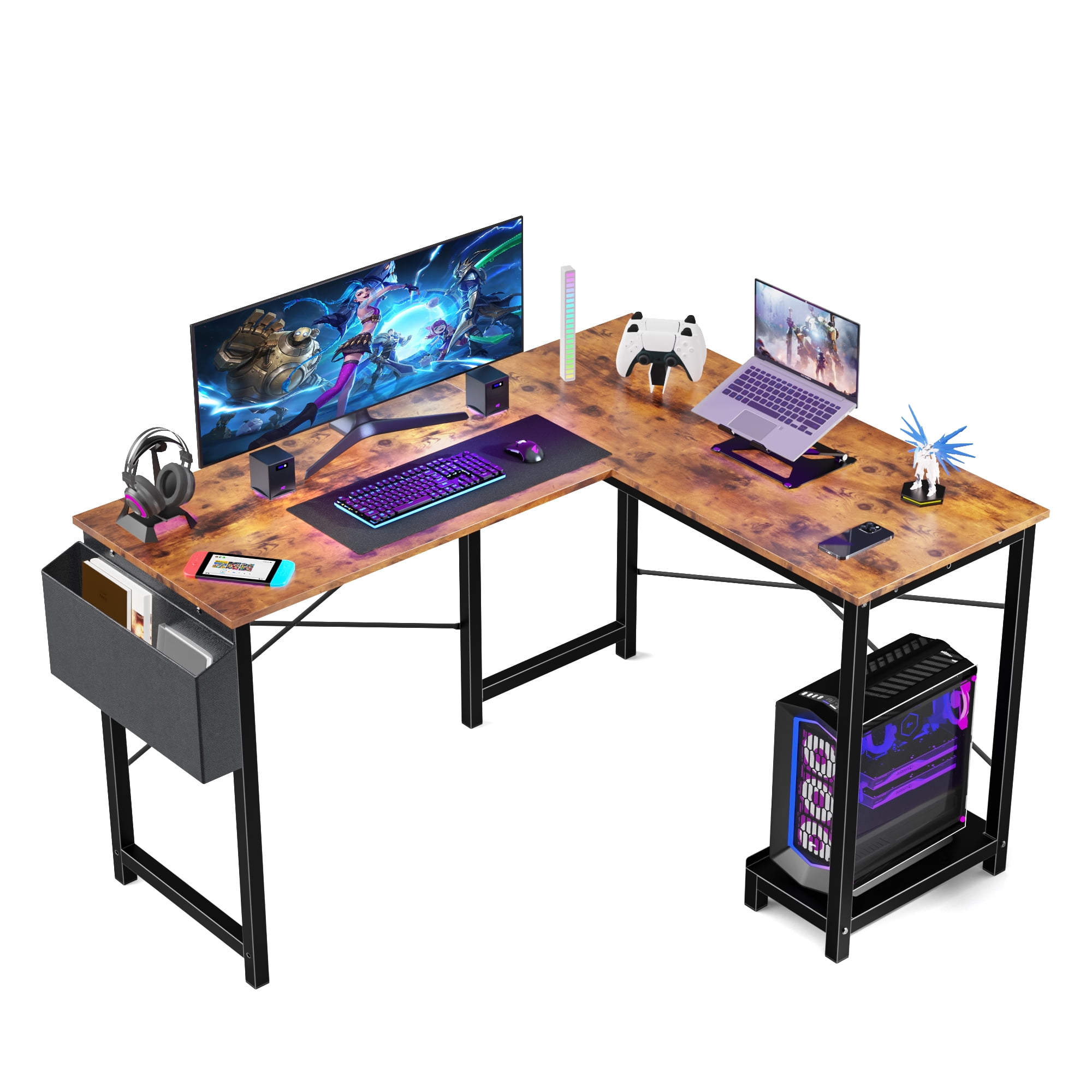 MAYEERTY L Shaped Computer Desk Study Writing Desk with CPU Stand Side Bag, Black