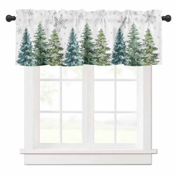 Green Christmas Tree Valances for Windows Xmas Pine Trees Grey Winter Snowflakes Rod Pocket Curtain Valance Window Treatment Short Curtains for Kitchen Living Room, 42"x12"