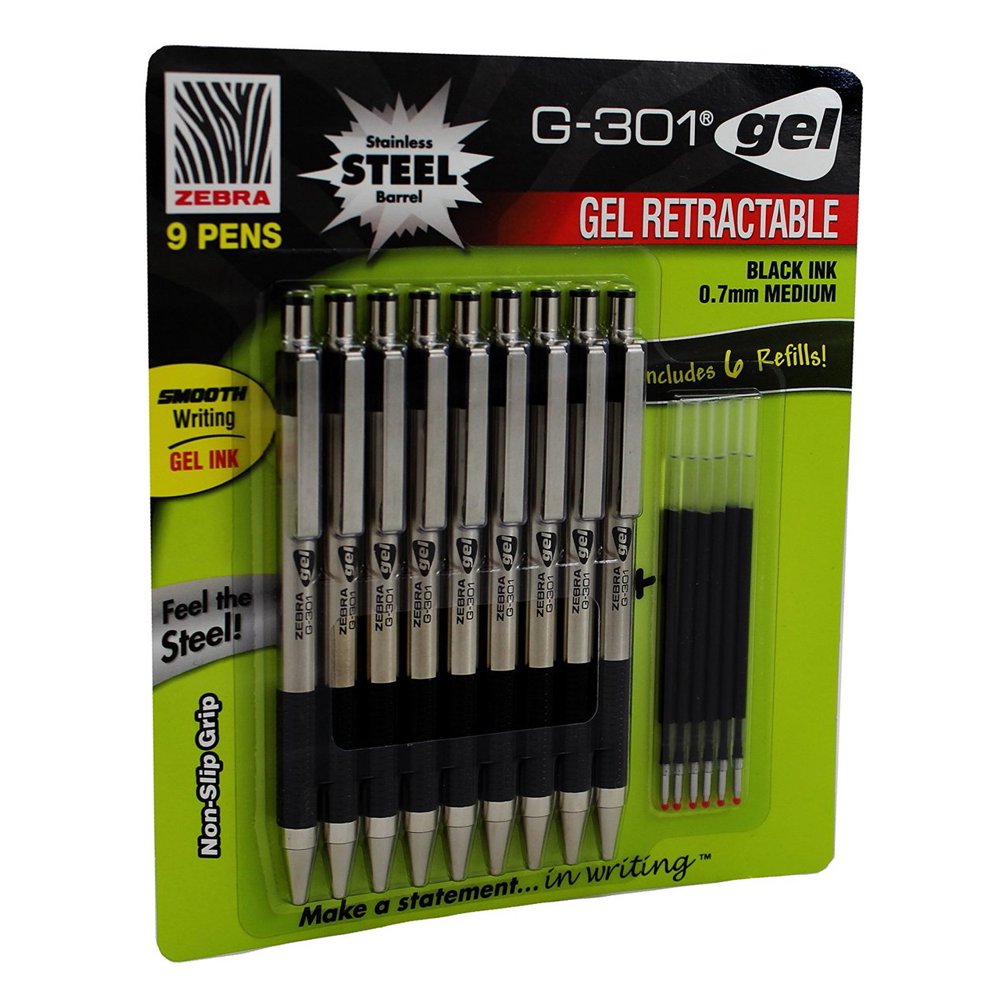 Zebra G301 Gel Stainless Steel 9 Pack w/ 6 Refill Cartridges Walmart