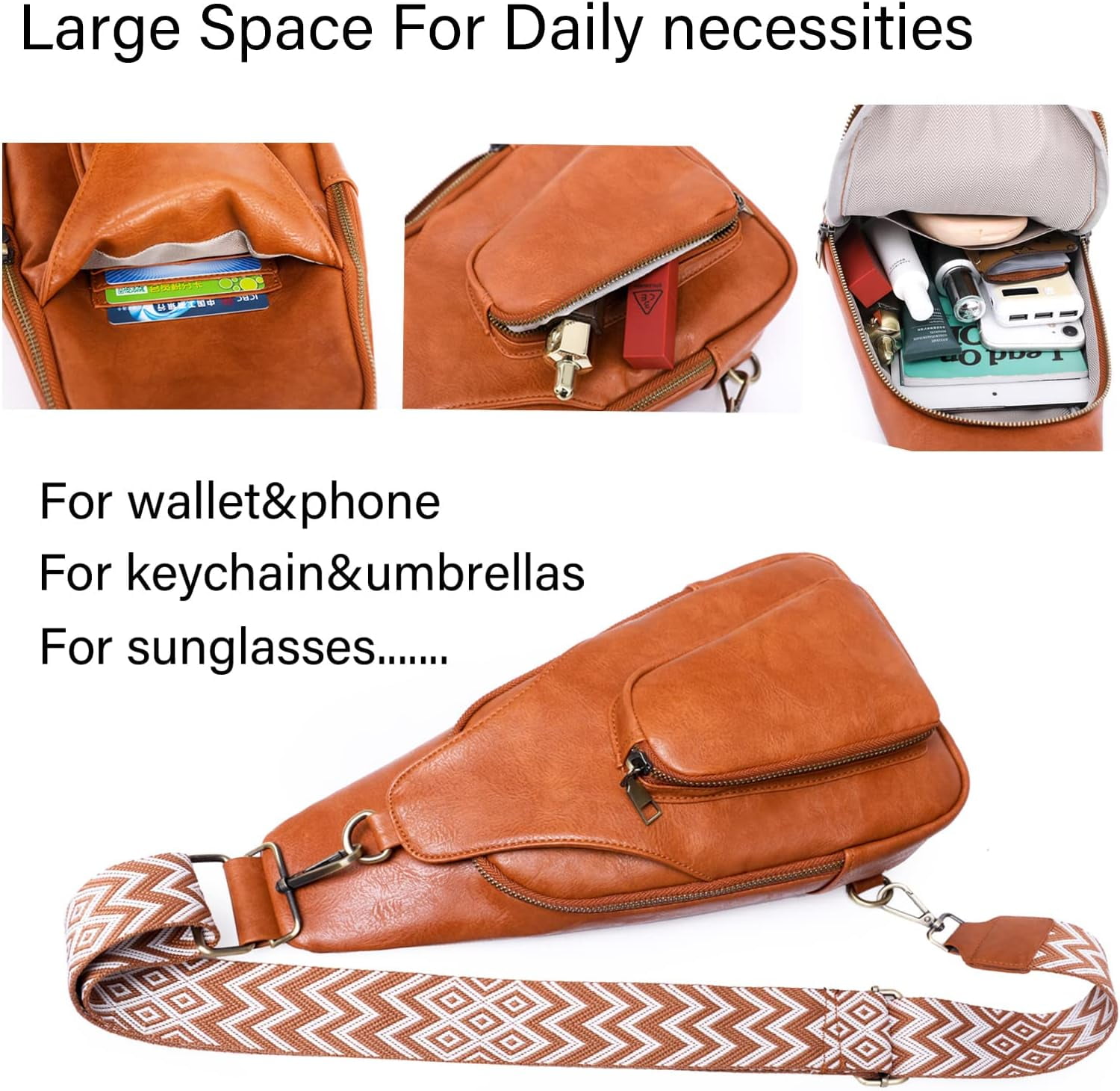 Sling Leather Bags For Women Crossbody Small Fanny Pack Purses Chest Bags With Guitar Strap For Lady