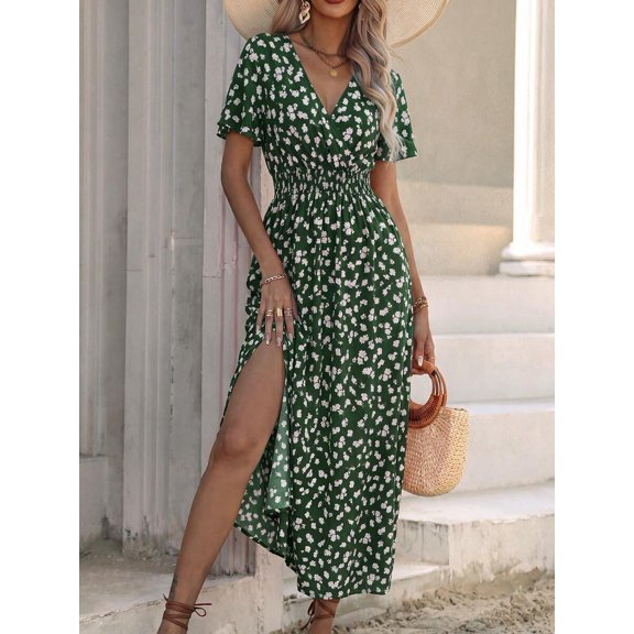 Green Womens Floral Print V-Neck Wrap Midi Dress With Slit