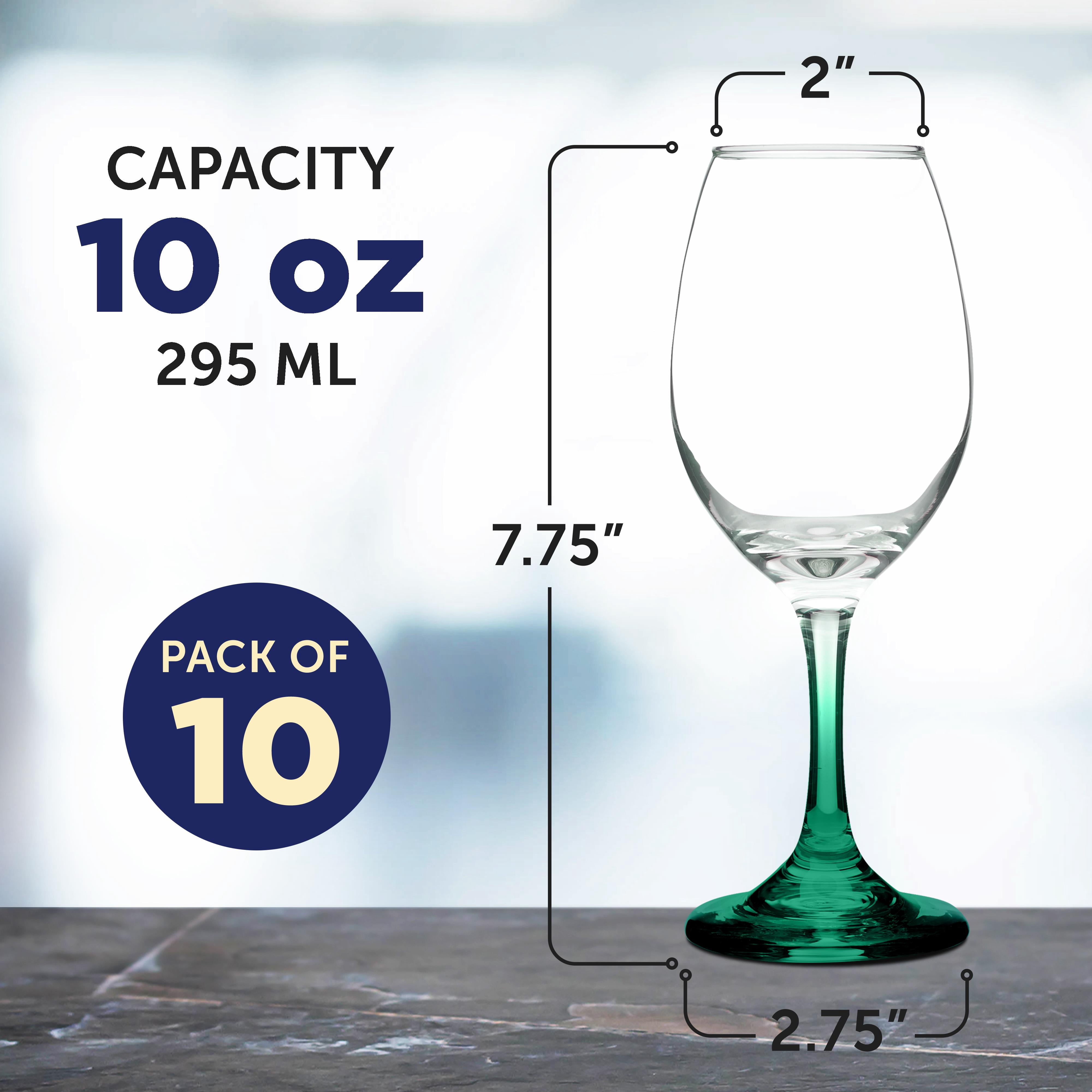 Rioja Wine Glasses with Stem 10 oz. Set of 10, Bulk Pack - Color Bottom, Perfect for Wedding, Party Favors, Birthday, Bridal Shower Gifts - Green