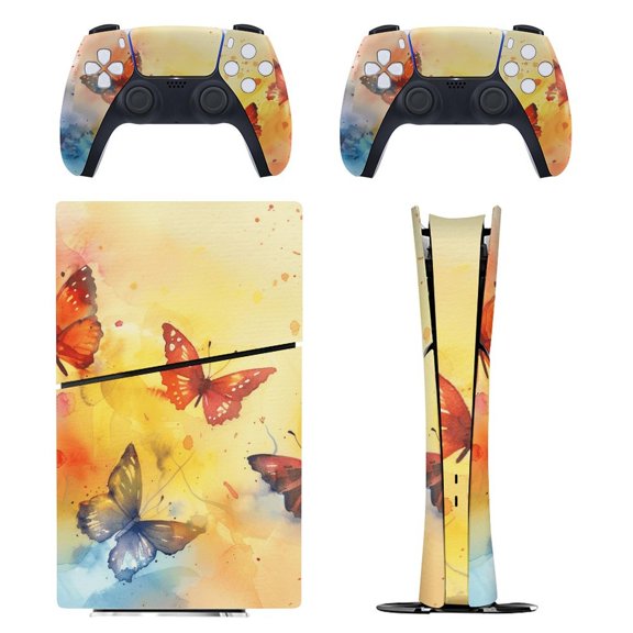 Skin Sticker for PS5 Slim Standard PS5 Pro Disc Digital Edition Console and Controllers Decals for Playstation 5 (Butterfly Flying Watercolor,PS5 Slim Disc Edition)