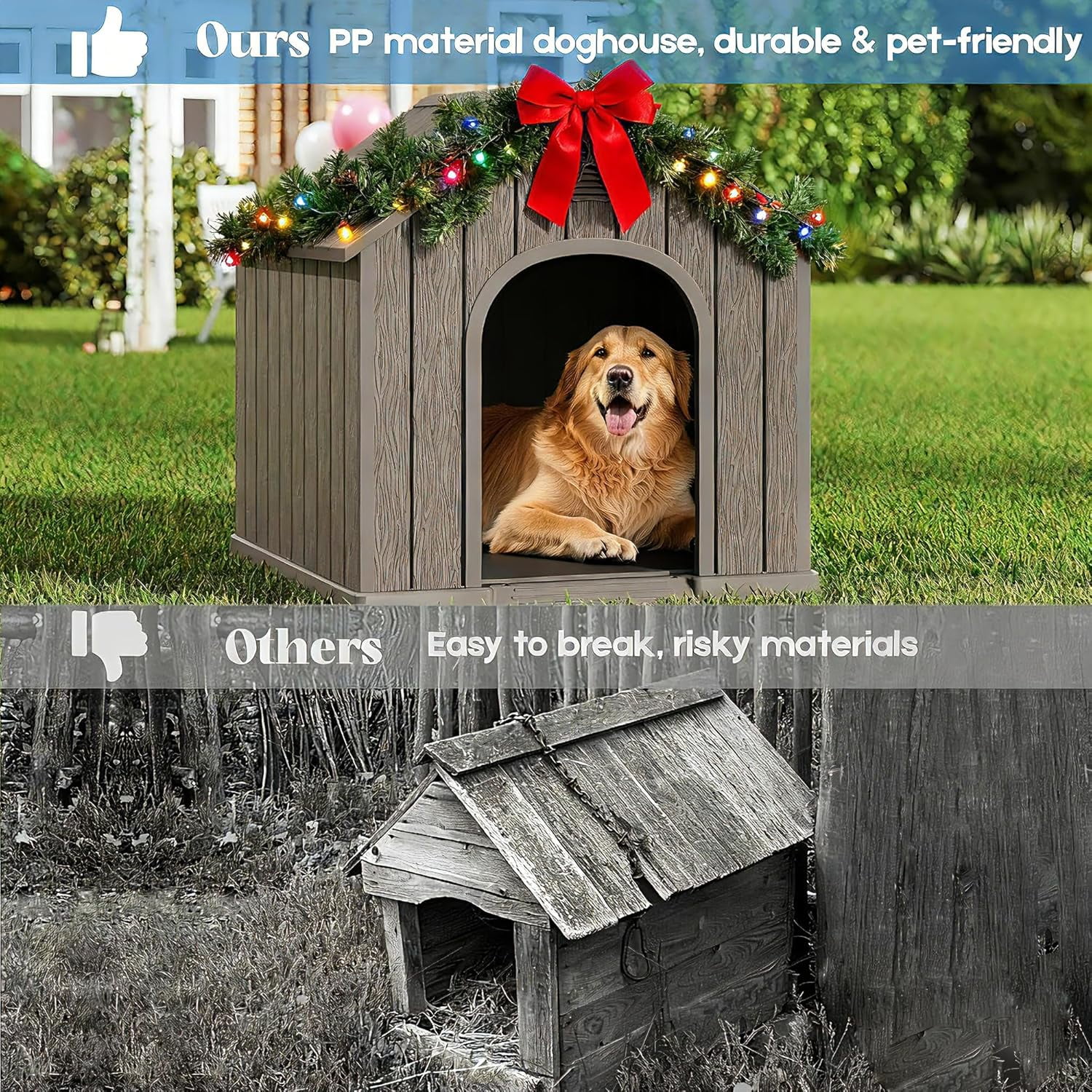Large Dog House Outdoor Indoor for Medium Large Dogs, Durable Plastic Waterproof Doghouse with Air Vents and Elevated Floor, Easy Clean and Assemble (Light Grey, 36.2''L×38''W×38''H)