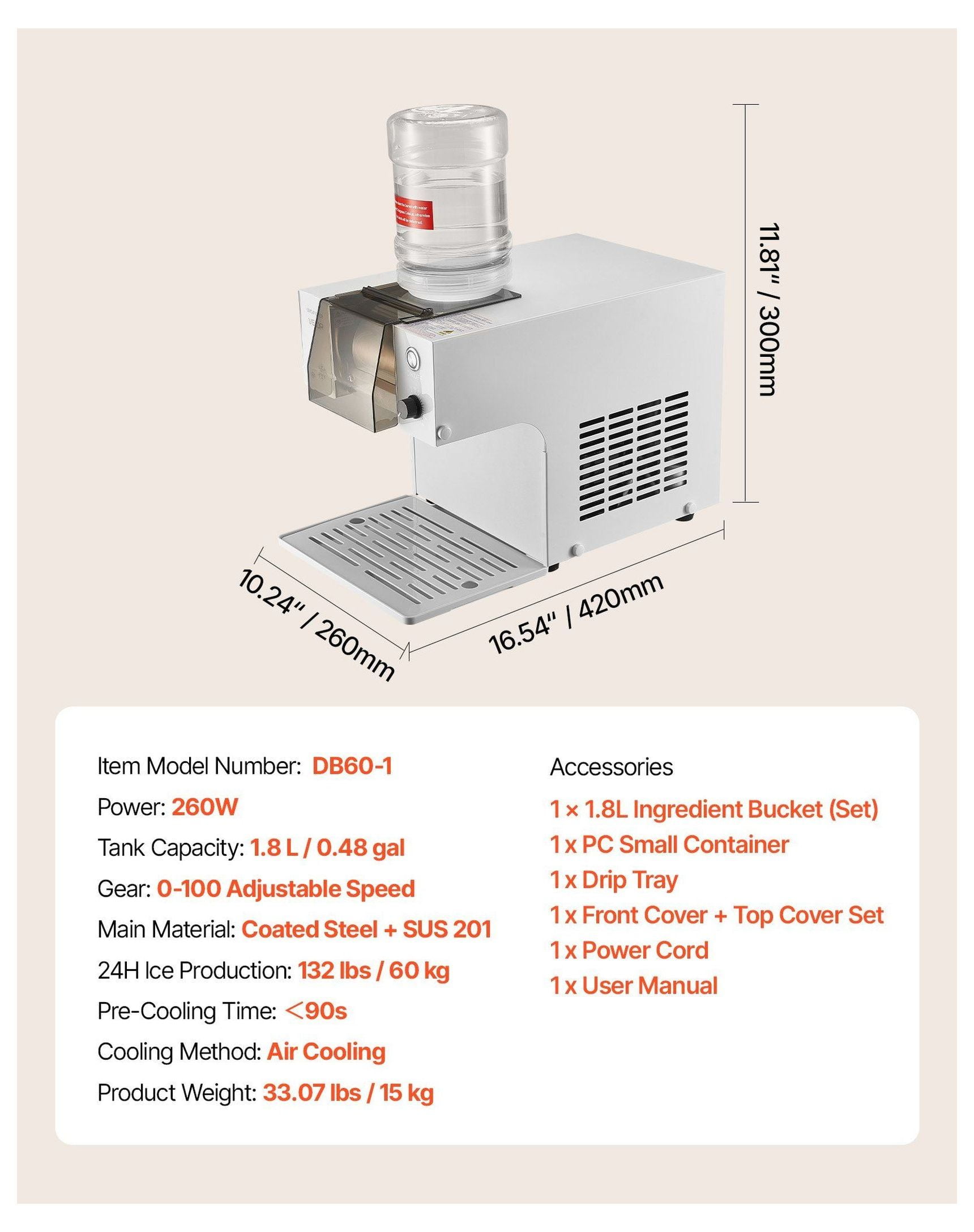 Snowflake Ice Machine 132LBS/24H, Electric Ice Shaver Maker with Stainless Steel Blade, 0.48Gal Tank, Fast Pre-Cooling, for Home & Parties