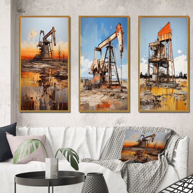 Designart "Gold Oil Rigs landscapes In Texas III" Cityscapes Framed Wall Art Set Of 3 - Gold Oil Rigs / Fields Frame Gallery Set For Office Decor