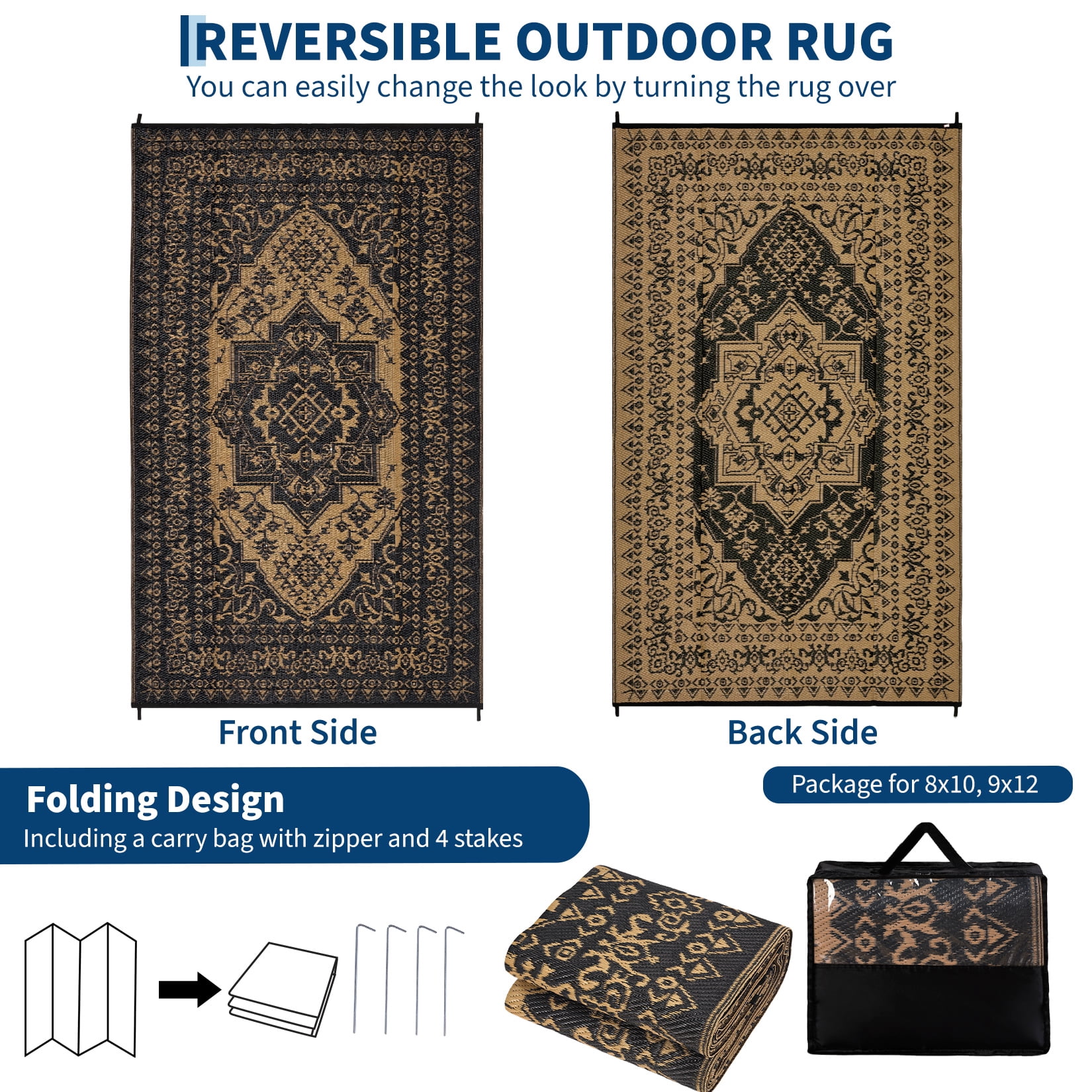 Garvee Outdoor Rug 8'x10' Waterproof Reversible Plastic Straw Rug, Indoor Outdoor Rug for Patio RV Camping Balcony Deck Backyard, Black & Brown