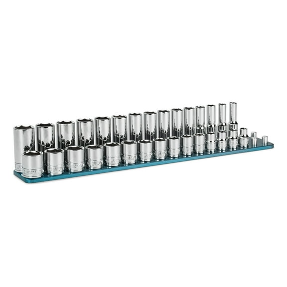Capri Tools 3/8 in. Drive Shallow and Deep Chrome Socket Set, 6-Point, 8 to 22 mm, 30-Piece with Billet Aluminum Rail