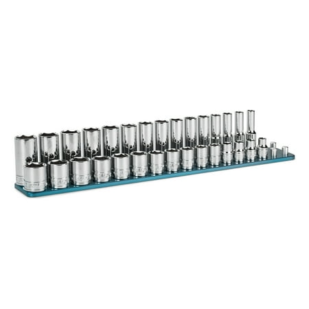 

Capri Tools 3/8 in. Drive Shallow and Deep Chrome Socket Set 6-Point 8 to 22 mm 30-Piece with Billet Aluminum Rail