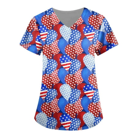 

Sksloeg Women s Scrub 4th Of July American Flag Print Patriotic Top V-Neck Workwear Short Sleeve T-Shirts with Pockets Nursing Working Uniform Blue XXXXL