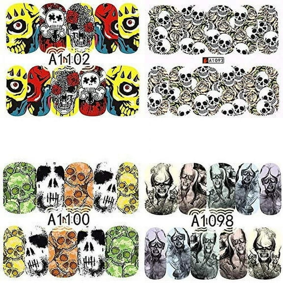 4 Full Sheet Skull of Assorted Water Nail Decal Punk Gothic Rockabilly SKULL Nail Wrap Decals Sticker Salon Quality Nail Art - Great for Halloween!