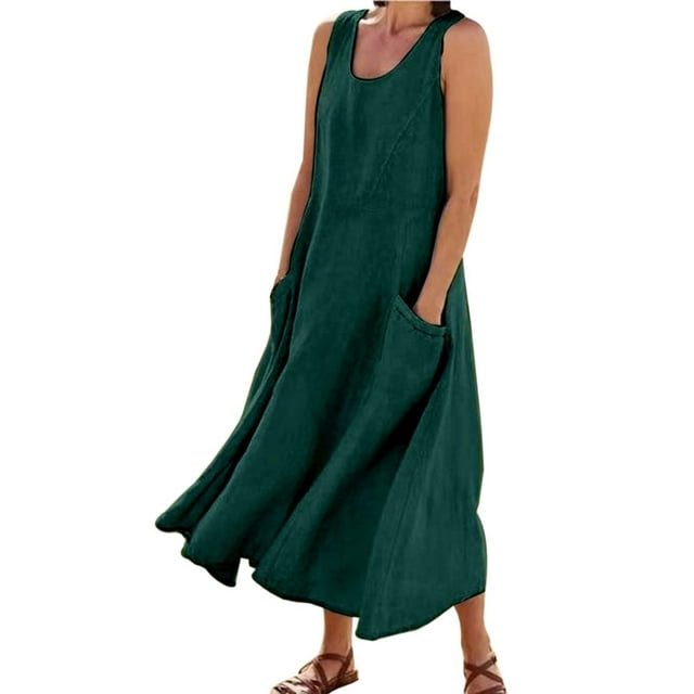 Vestido largo sin mangas de lino para mujer: vestido informal con cuello redondo y bolsillos, poliéster/spandex, tallas S-XXL.