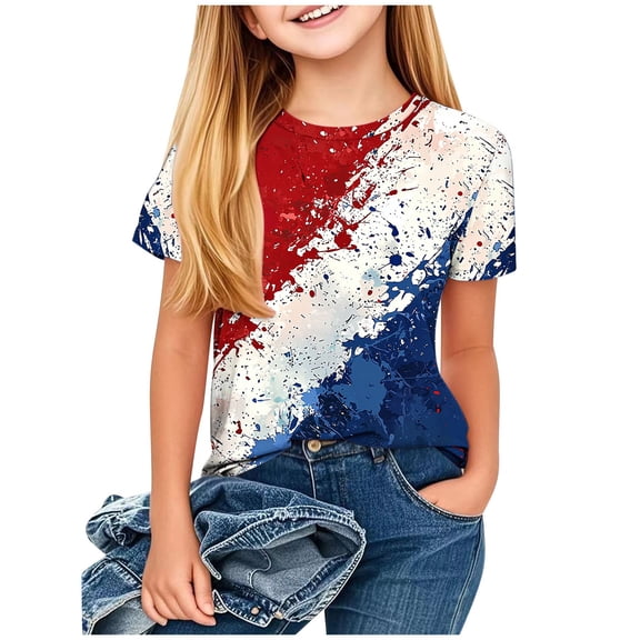 ZACPNCV Girls 4th of July T-Shirt Short Sleeve Flag Graphic Tees Shirts Summer Patriotic Tops Independence Day Clothes Blue 3-4 Years