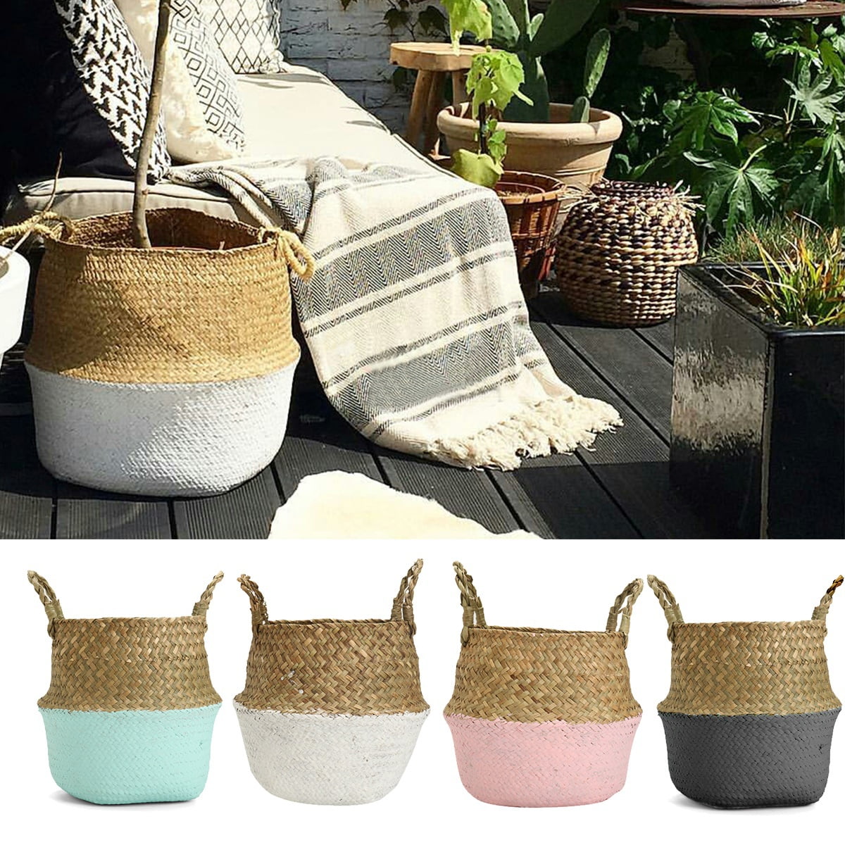 Handmade Rattan Bellied Basket Foldable Plant Flower Pot Storage Container 