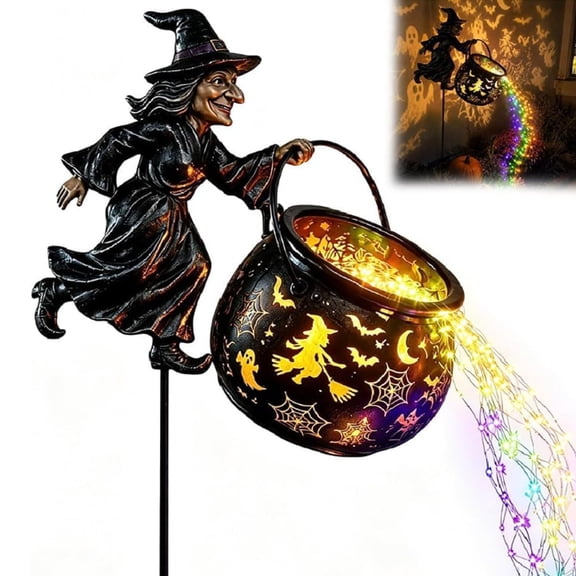 Halloween Witch Cauldron Garden Light, Glowing Solar Light with Cascading LED Waterfall Effect, Witch Yard Decoration for Lawn, Porch, Patio and Outdoor Halloween Decor