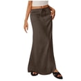 thumbnail image 3 of VBTAPA Women's Summer Linen Maxi Skirt Drawstring Low Waist A Line Casual Skirts Flared Long Skirt Coffee XL, 3 of 7