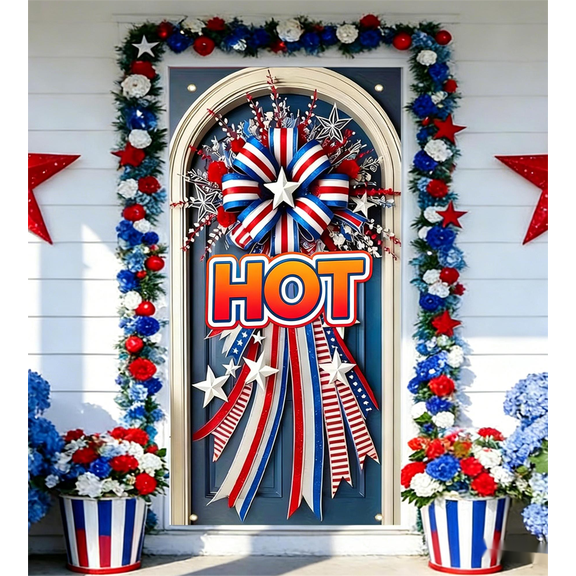 QuanTara Independence Day Door Decor, 70.87x35.43in Patriotic Door Cover with Rope for Easy Hanging, Fourth of July Porch Backdrop, Holiday Party Decoration, Nylon Spandex Fabric