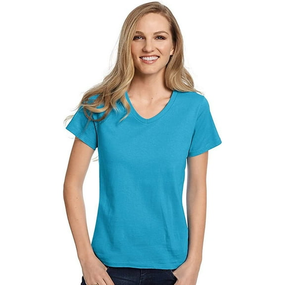 Hanes Ladies 5.2 oz. ComfortSoft V-Neck Cotton T-Shirt, Small, AQUATIC BLUE