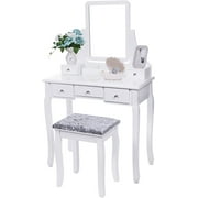 BEWISHOME Vanity Set with Mirror & Cushioned Stool Dressing Table Vanity Makeup Table 5 Drawers 2 Dividers Movable Organizers White FST01W