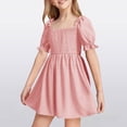 thumbnail image 2 of CAICJ98 Girls Puff Short Sleeve Square Neck Boho Frilly Smocked Shirred Flared Midi Dress for Girls (4-5 Years,Pink), 2 of 7