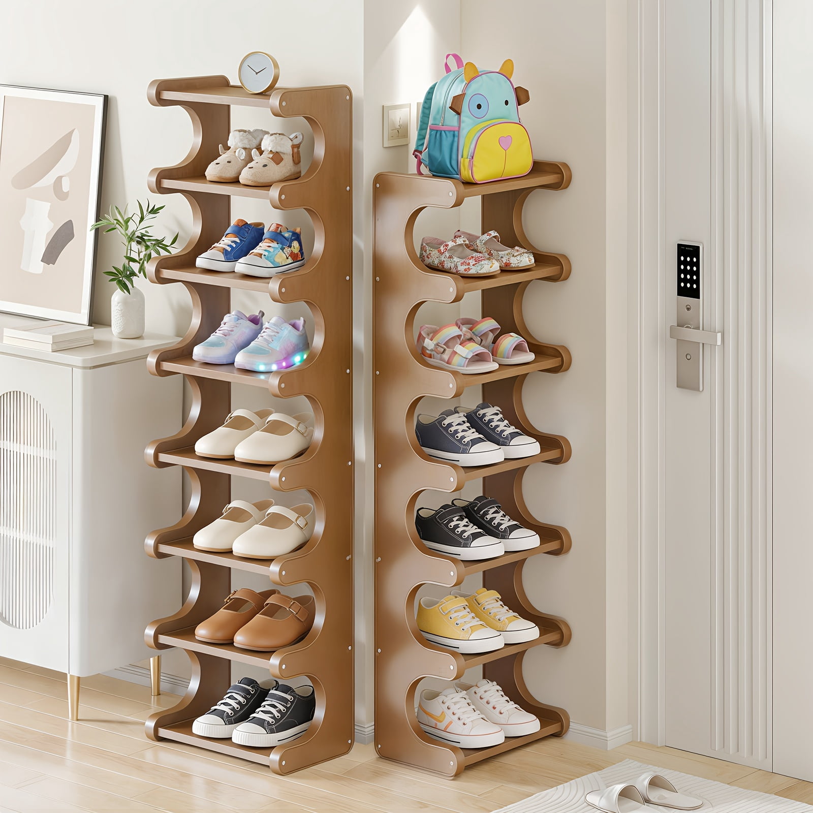 7 & 8 Tier Bamboo Wood Grain Square Shoe Rack, Anti-Wobble Freestanding Vertical Shelf, Easy Assembly Space-Saving Storage for Entryway/Dorm, Spring Household Organizer, Brown