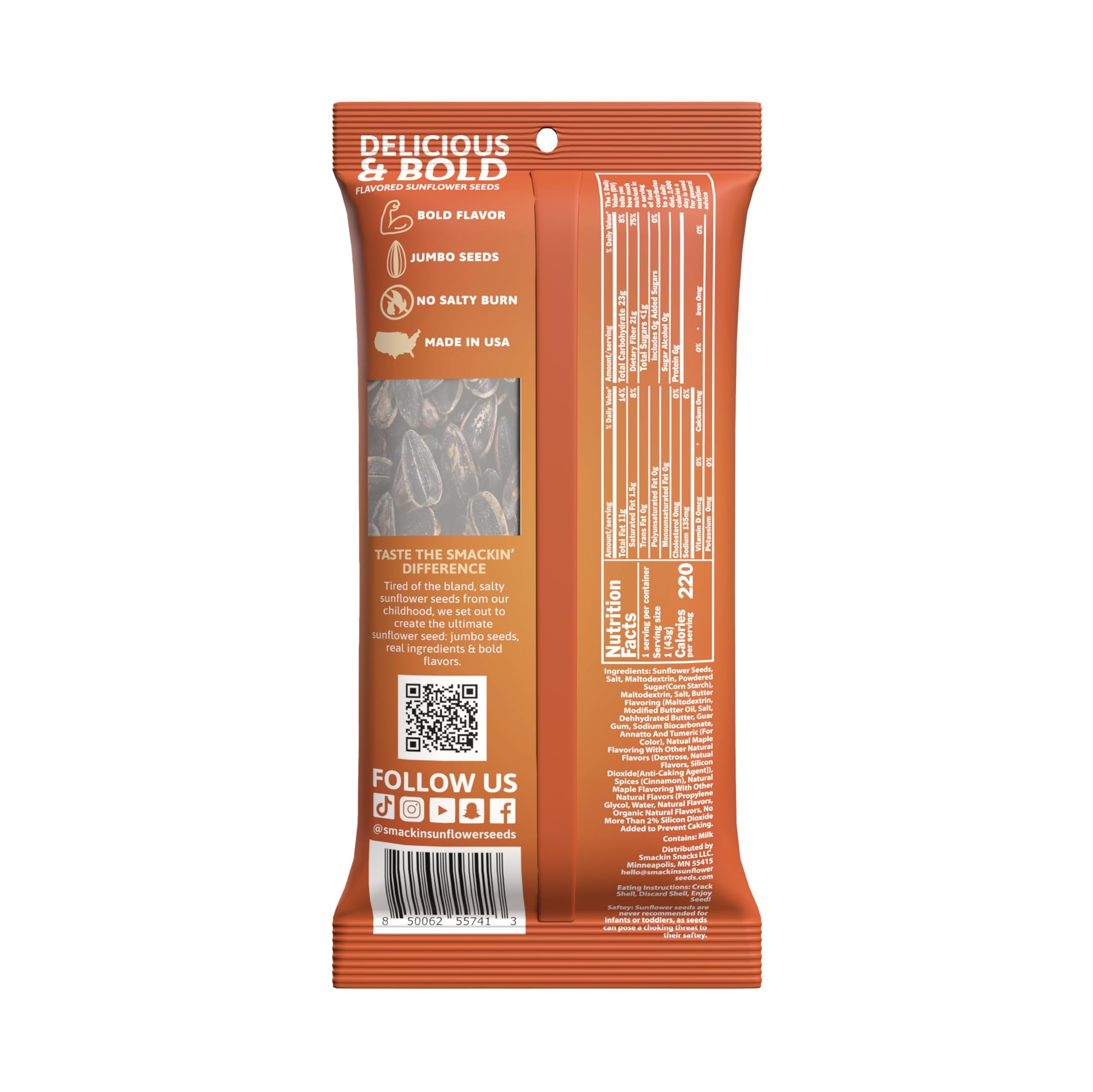 SMACKIN' Sunflower Seeds, Roasted Jumbo Small-Batch, American Made - Maple Brown Sugar. 1.5oz bags (36 Pack)