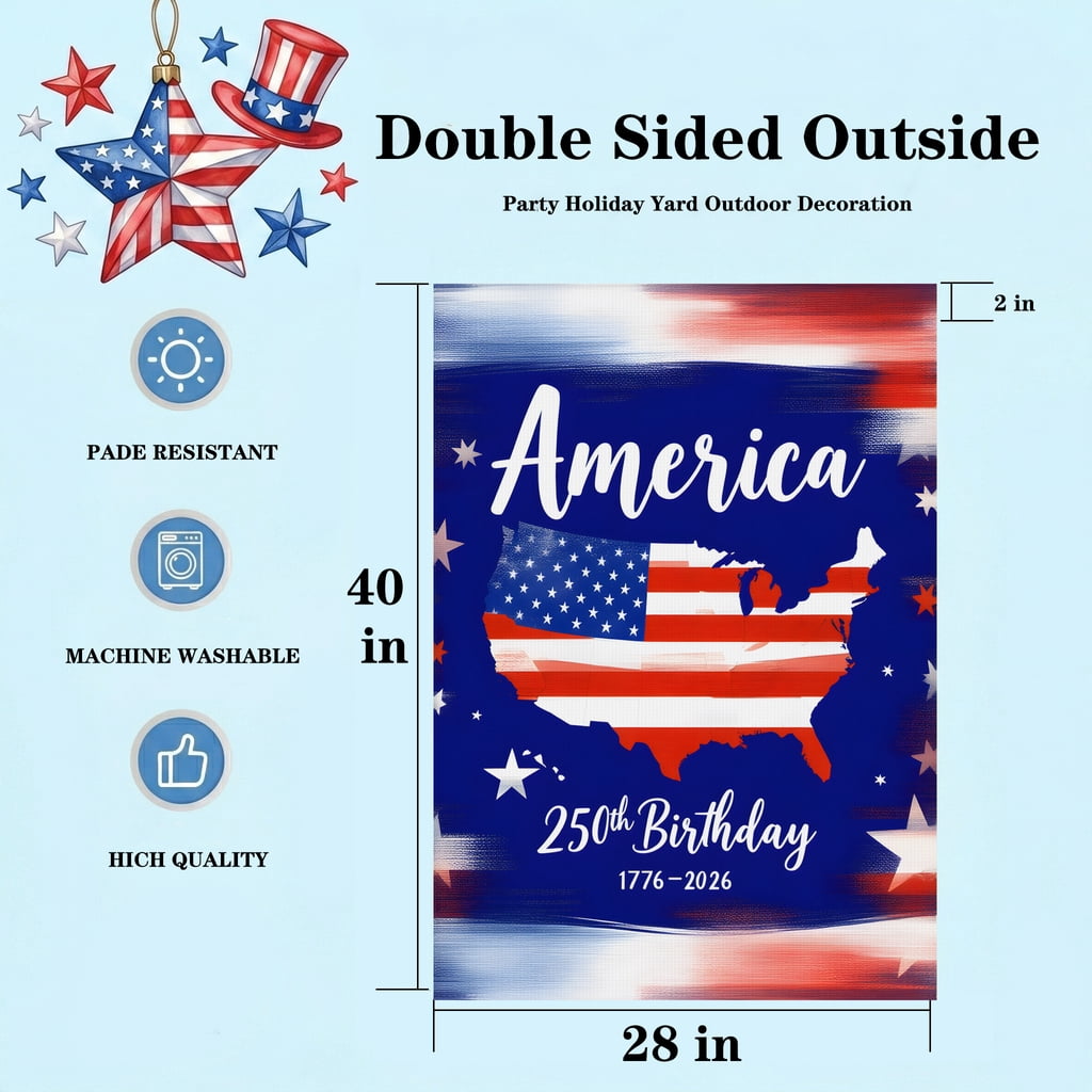 God Bless America Garden Flag A Map of the United States with the Words America on it. for Patriotic Yard Flag 250th Birthday 1776-2026 Outdoor Fourth of July Decoration 28x40 Inch Large