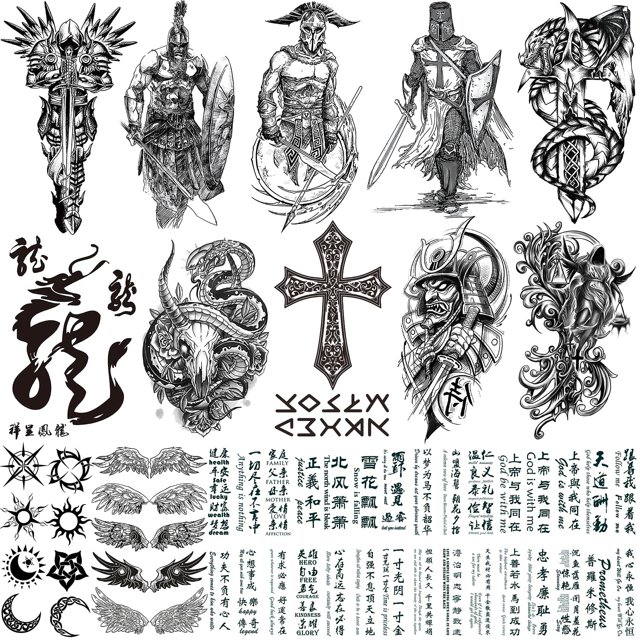 VERKSTAD Tatuajes temporales negros para hombres y mujeres, tatuajes falsos realistas impermeables para niños y niñas, kits de tatuajes con letras de dragón y cruz de ala de guerrero para fiestas, fes