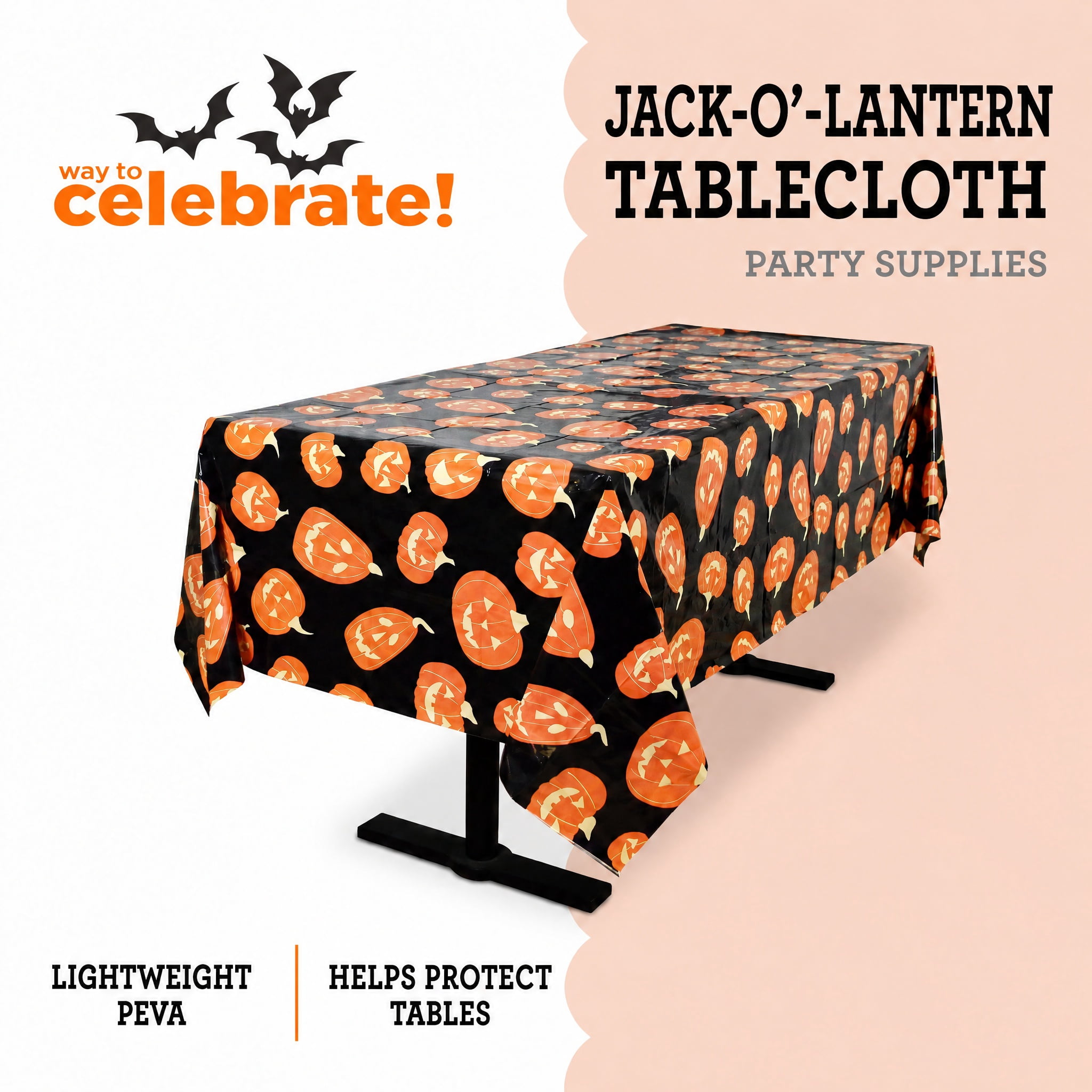 Jack-o'-Lantern Tablecloth, Black and Orange, 54" x 84", Halloween by Way To Celebrate