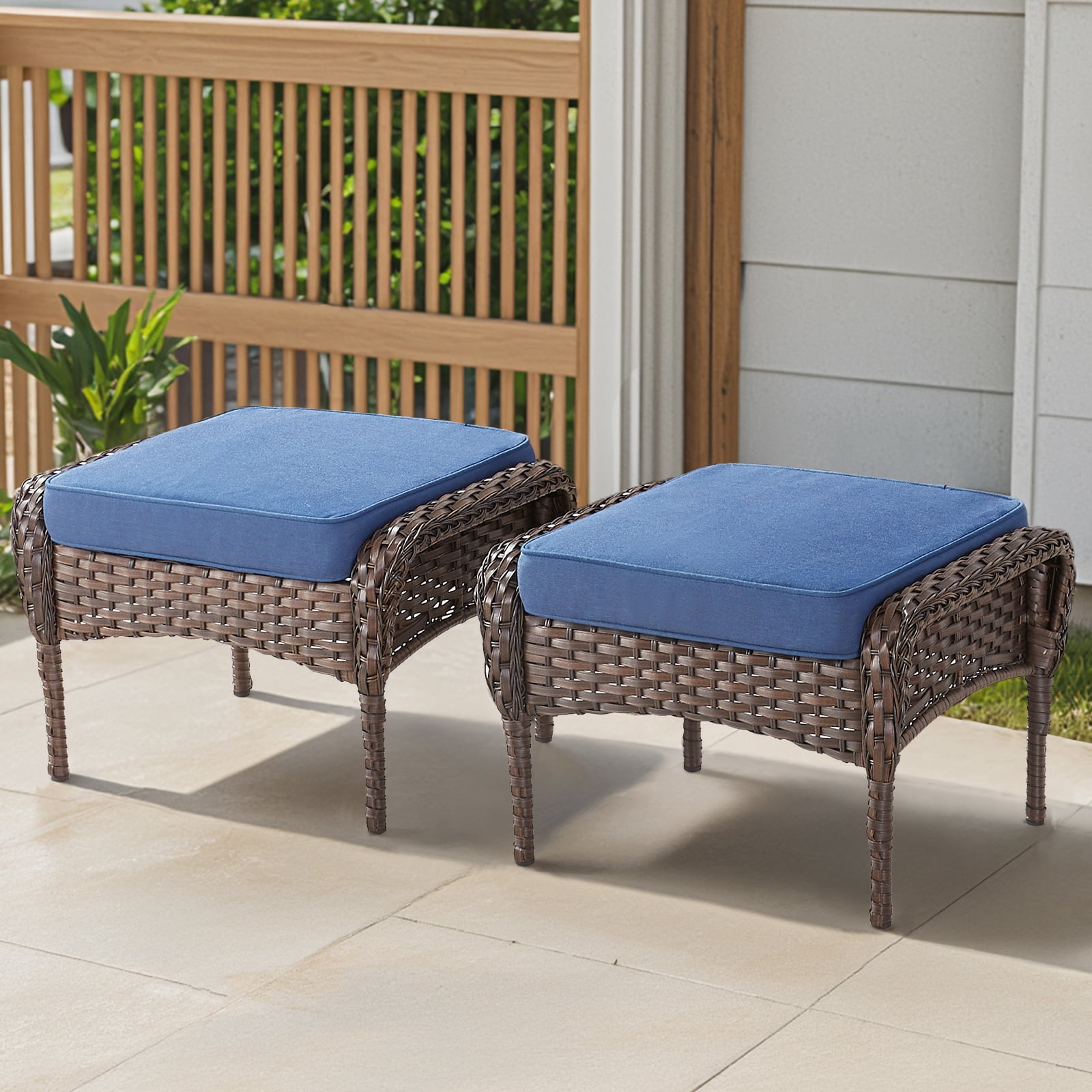 Hommoo Outdoor PE Wicker Ottomans Set of 2, Patio Brown Rattan Footrests with Cushion for Backyard or Deck, Blue