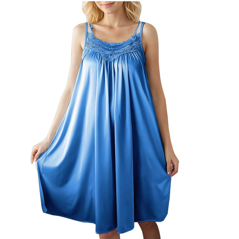 Faiwad Women's Satin Nightgown Lace Embroidery Loose Sleeveless Flowy Pajamas Dress Summer Knee-Length Babydoll Sleepwear Faiwad Women's Satin Nightgown Lace Embroidery Loose Sleeveless Flowy Pajamas Dress Summer Knee-Length Babydoll Sleepwear