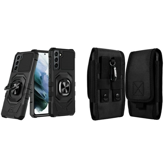 Case with Belt Holster Bundle for Samsung Galaxy S22: Heavy Duty Shield Cover (Black) and Vertical Rugged Nylon Phone Pouch